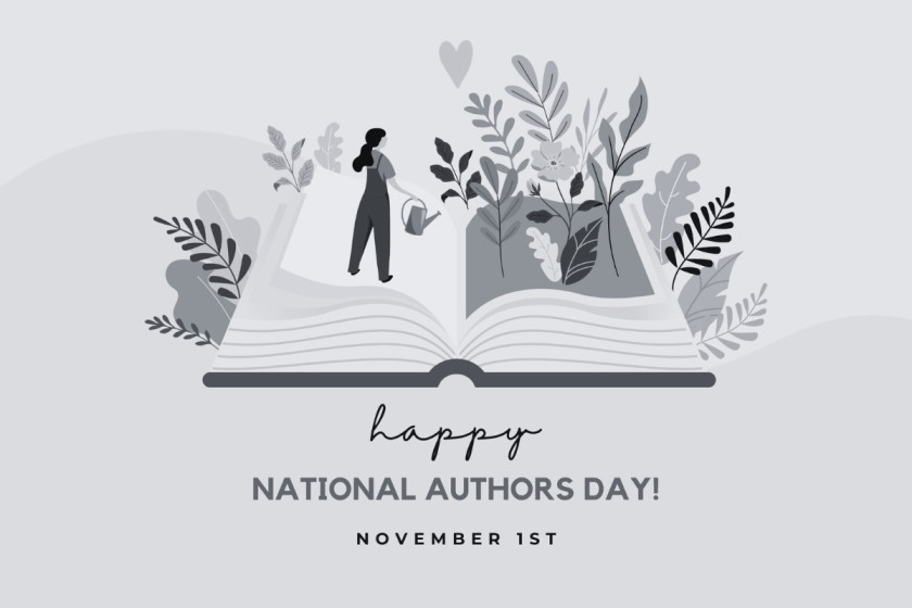 An open book, with a figure watering plants growing out of the pages of the book in celebration of National Authors Day.
