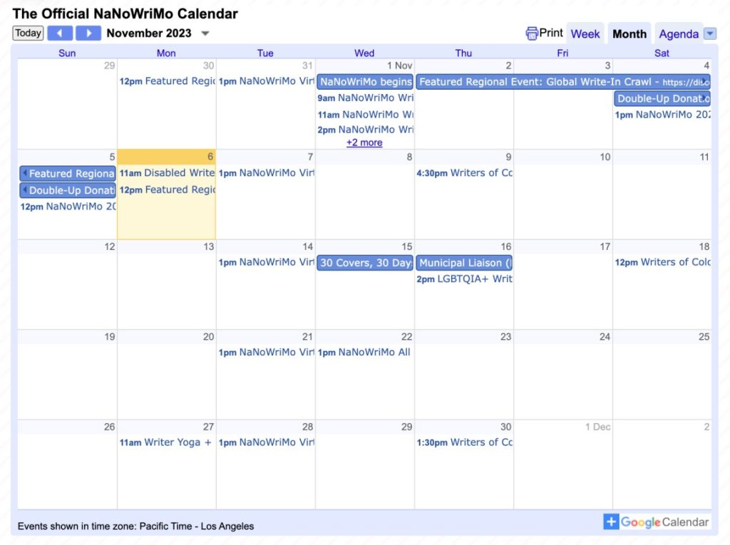 The official NaNoWriMo 2023 calendar.