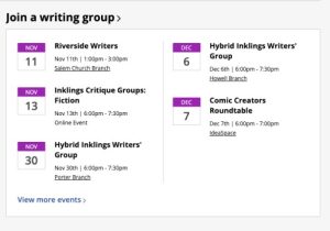 The Inklings Writers’ Group November 2023 events calendar illustrates that one way to find a writing buddy is to join a writers' group.